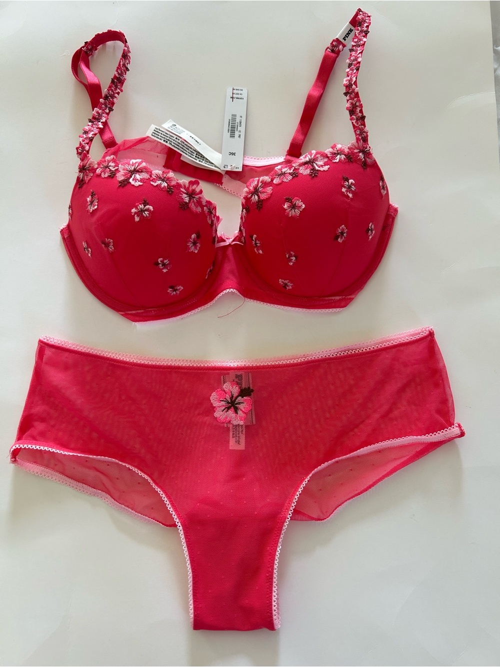 Victoria's Secret Hot Pink Floral Embroidered Bra & Brief Set